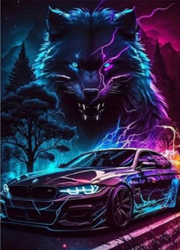 Diamentowa Mozaika Neonowe Auto Z Wilkiem 30X40 Cm Kreatywne Diamenty
