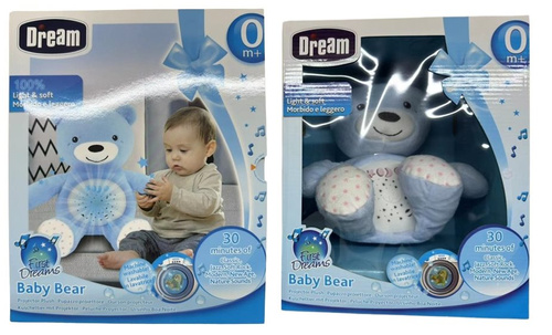 PLUSZ MIŚ MUZYCZNY USYPIACZ NIEBIESKI, pak 12/6, 
towarzysz zasypiania dla najmłodszych, 35 cm, 
światła, muzyczki, kołysanki i dźwięk wód płodowych