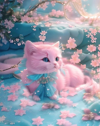 Diamentowa Mozaika Leżący Różowy Kot Z Kokardą 30X40 Cm Kreatywne Diamenty