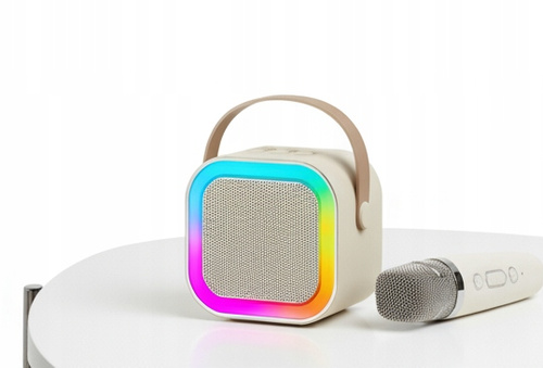 Głośnik Karaoke 2 Mikrofony Bluetooth USB Karta Pamięci Beżowy Światła LED