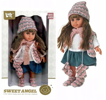 LALKA SWEET ANGEL ELEMENTY STROJU W SZARO-RÓŻOWE PASKI, pak 9 
43 cm, dźwięk, przeguby. 
wymiary pudełka: 27 x 10,7 x 43 cm