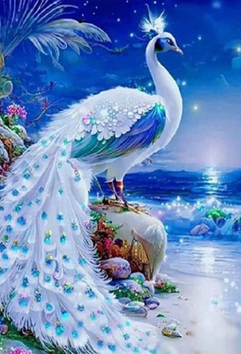 Diamentowa Mozaika Biały Paw Na Szafirowym Tle 30x40Cm Kreatywne Diamenty