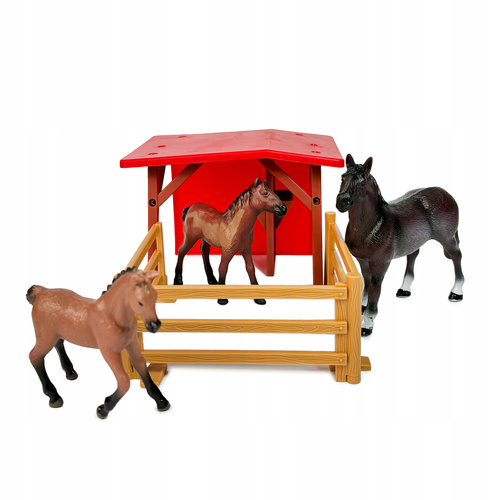 Zwierzęta Domowe Wiejskie Farma Figurki 3 Konie + Wiata Ogrodzenie