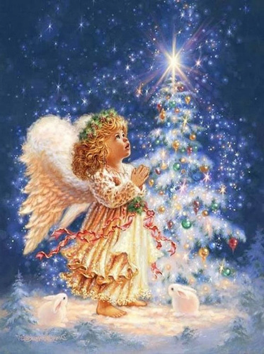 Diamentowa Mozaika Haft Aniołek Z Choinką Pierwsza Gwiazda 30x40 Cm
