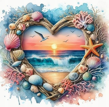 Diamentowa Mozaika Serce Z Widokiem Na Plażę 30x40Cm Kreatywne Diamenty