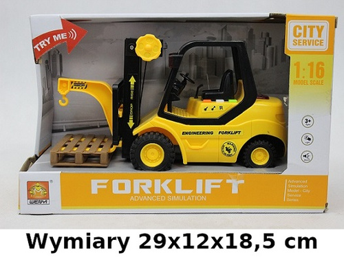 WÓZEK WIDŁOWY FORKLIFT ŚWI/ DŹW. KARTON  /24
Wymiary 29x12x18,5 cm
