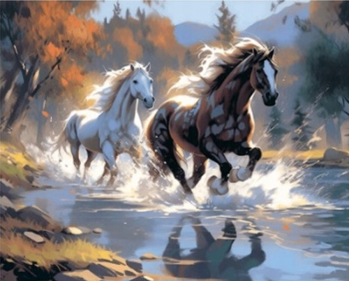 Malowanie Po Numerach Galopujące Konie Przez Rzekę 40X50 Cm Na Ramie