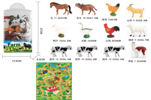 ZWIERZĘTA DOMOWE *12 SZT. FARM LIFE PLEKSA Z ZAWIESZKĄ + MATA,  PAK 72/36, 
w pudełku: mata, 12 figurek
Wymiar Opakowania : 27 x 13,5 x 6,5 cm