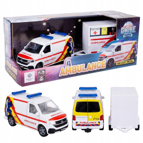 Karetka Ambulans Metalowy z Przyczepą Napęd Pull Back Otwierane Drzwi Auto