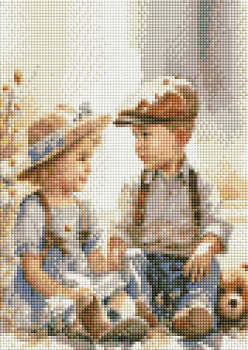 Diamentowa Mozaika Haft Kreatywny Dziewczynka I Chłopiec Na Łące 30x40 Cm
