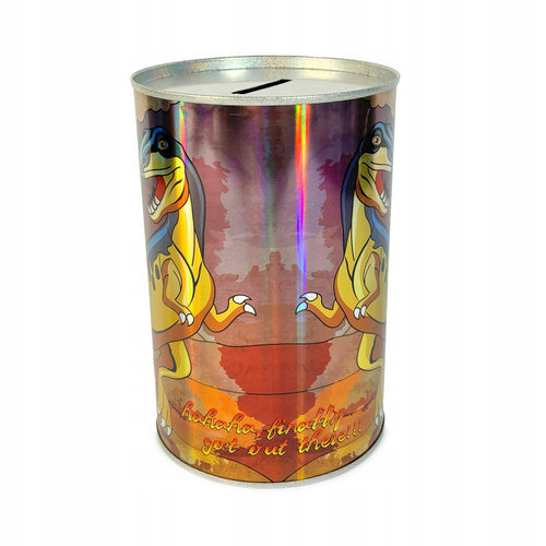 SKARBONKA Z RYSUNKAMI DINOZAURÓW METALOWA BŁYSZCZĄCA