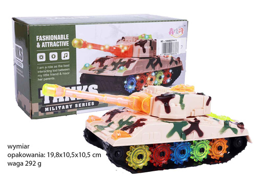 CZOŁG PIASKOWY ZE ŚWIATŁEM KOLOR I MUZYKĄ KARTON pak 72/36
WYMIAR ZABAWK: 25X9,5X9,5 CM , WYMIAR KART.: 19,8X10,2X10,2 CM
Baterie3xR6 (niedołaczone), jeżdzi na kole obrotowym, dżwięk strzelania, świeci lufa, właz,światła, tylna klapa, gąsiennice, wyłaczn