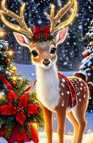 Diamentowa Mozaika Haft Diamentowy Świąteczny Renifer Z Kokardą 30X40