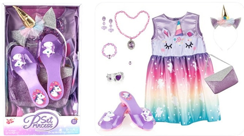 ZESTAW DZIEWCZ. STRÓJ JEDNOROŻEC DREAM TRIP, pak 24
zawartość zestawu: tęczowy strój, opaska z rogiem, kolczyki, broszka, bransoletka, wisiorek, torebka, pantofelki
wymiary pudełka: 37 x 7,5 x 21 cm