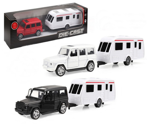 AUTO Z PRZYCZEPĄ KEMPINGOWĄ, pak 108 
mix trzech kolorów aut, 
wymiary auta: 7 x 31,5 x 5,5 cm, 
wymiary opakowania: 7,5 x 35 x 10 cm