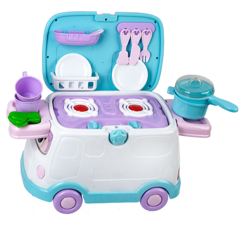 Jeździk Auto Van Mini Kuchnia Garnki Akcesoria Zabawka 3 w 1