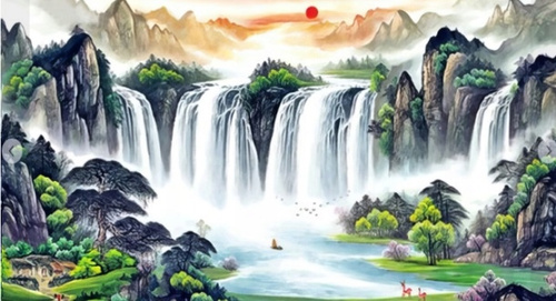 Diamentowa Mozaika Wodospad Z Małą Chatką U Podnóża Haft Kreatywny 80x40 Cm