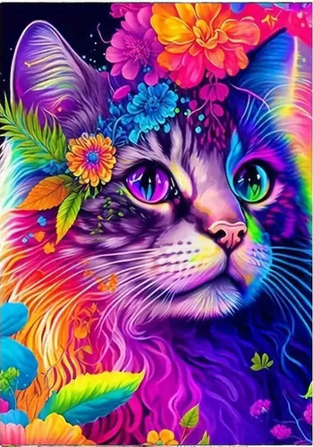 Diamentowa Mozaika Kolorowy Kot Kwiecisty 30X40 Cm Kreatywne Diamenty