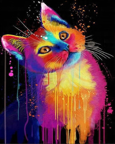 Diamentowa Mozaika Haft Mandala 7D Siedzący Tęczowy Kot 30X40