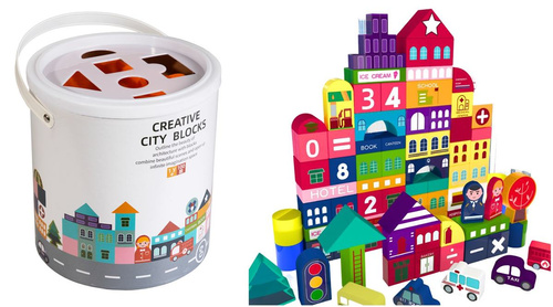 DREWNIANE KLOCKI DLA DZIECI W WIADERKU DO ZABAWY 100 ELEMENTÓW