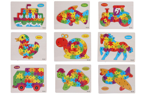 DREWNO UKŁADANKA ,PUZZLE POJAZDY, Z ZWIERZĘTA Z LITEREKAMI FOLIA PAK 240
Wymiary 18x22,8x0,5 cm / Waga 84 g