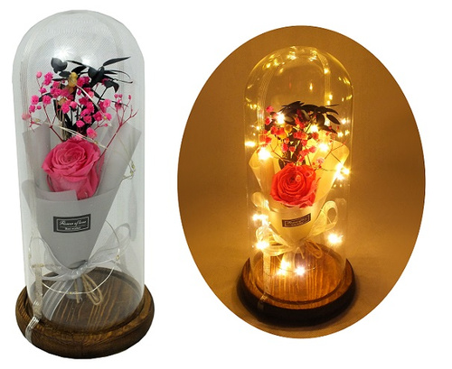 RÓŻA - BUKIET ŚWIATŁO LED DREWNIANA PODSTAWA SZKLANA KAPSUŁA  / 24 ŚWIATŁO CIĄGŁE
Wymiary szt 12x27 cm
