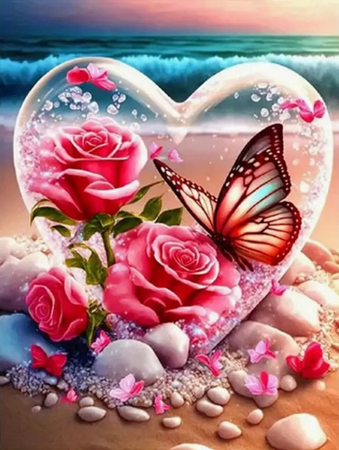Malowanie Po Numerach Szklane Serce Na Wybrzeżu Z Różą 40X50 Cm Na Ramie
