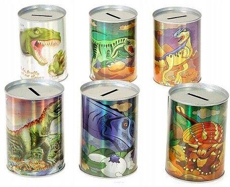 SKARBONKA Z RYSUNKAMI DINOZAURÓW METALOWA BŁYSZCZĄCA