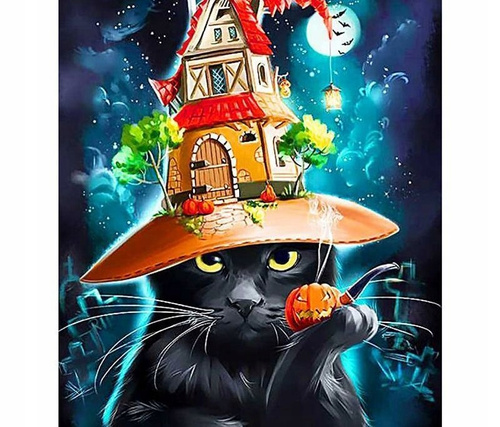 Malowanie Po Numerach Kot W Kapeluszu Halloween 50X40 Cm Z Ramą Kreatywne