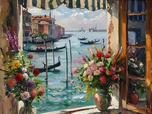 Malowanie Po Numerach Okno Z Widokiem Na Wenecką Przystań 50X40 Z Ramą