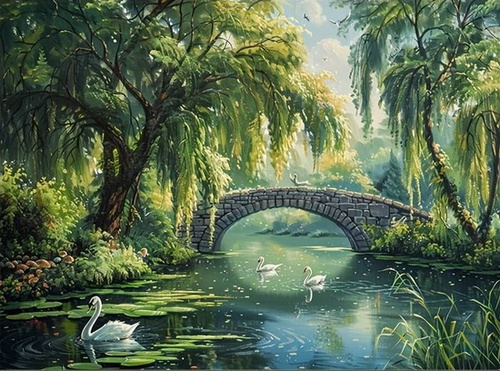 Malowanie Po Numerach Most Kamienny Nad Stawem Z Łabędziami 40X50 Z Ramą