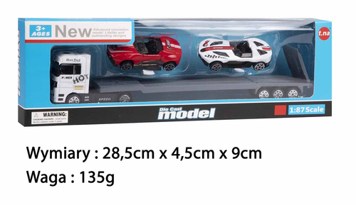 AUTO LAWETA METAL + 2 AUTA SPORT KARTON NIEBIESKI   / 180/90
Wymiary 28,5x4,5x9 cm, Waga 0,139 kg