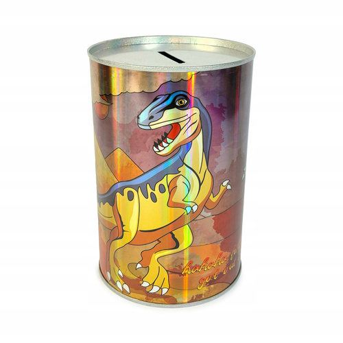 SKARBONKA Z RYSUNKAMI DINOZAURÓW METALOWA BŁYSZCZĄCA