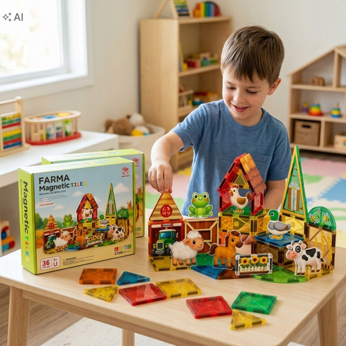 Klocki Magnetyczne Farma 36 Elementów Zwierzęta Traktor Konstrukcyjne