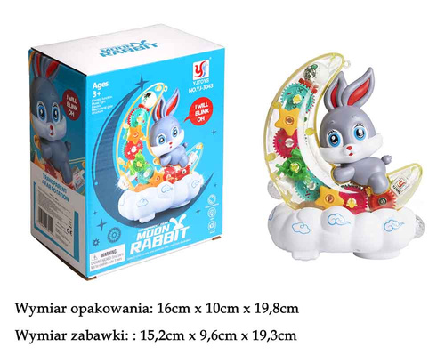 KRÓLIK NA KSIĘŻYCU MALUCHA JEŻDŻĄCY ŚWIATŁO, DŹWIĘK  KARTON  pak-72/36
1 funkcja :jeżdzi odbijając się od przeszkód, ruchome gałki oczne, trybiki.melogie
2 funcja : stojąca , świecąca lampka nocna bez melodii
