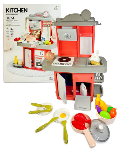 KUCHNIA Z POMPKĄ WODNĄ, ŚWIATŁEM I DŹWIĘKIEM46CM pak 2/12
Składana kuchnia, szafki, zlew z pompką na wodę, zabawkowa płyta grzewcza ze światłem i dźwiękiem gotującej się wody i smażenia, zastawa, owoce, jajko itp.
zestaw wymaga baterii 3*AA (nie są zawa