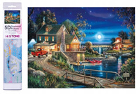 Diamentowa Mozaika Haft Diamentowy Domek Zajazd Nad Zalewem Nocą 30x40 Cm