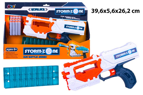 PISTOLET STORM ZONE NA STRZAŁKI PIANKOWE KARTON PAK 48
Wymiary kartonu zbiorczego 86x41,5x75 cm / Wymiary szt 39,6x5,6x26,2 cm