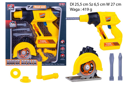 ZESTAW NARZĘDZI ŻÓŁTY PIŁA+WIERTARKA KARTON PAK 48/24
Dł 25,5 cm Sz 6,5 cm W 27 cm 
Waga : 419 g