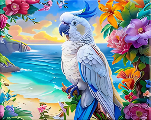 Malowanie Po Numerach Biała Papuga Ara Na Tropikalnej Wyspie 50x40 Z Ramą