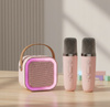 Głośnik Karaoke 2 Mikrofony Bluetooth USB Karta Pamięci Różowy Światła LED