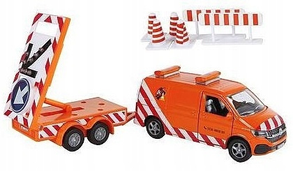 Auto Metalowe Służba Drogowa Pick-up z Przyczepą i Znakami Ostrzegawczymi