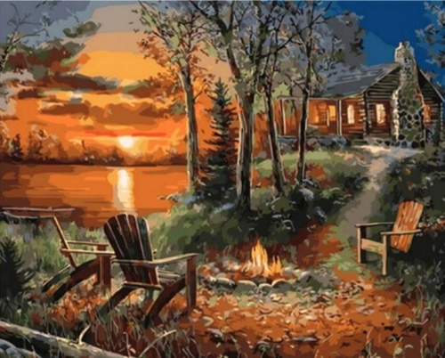 Malowanie Po Numerach Dom Z Ogniskiem Przy Zachodzie Słońca 40x50 Na Ramie