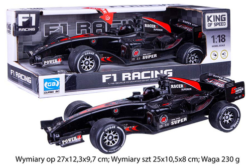 AUTO FORMUŁA Z NAPĘDEM - ŚWIATŁO I DŹWIĘK KARTON PAK 72/36
Wymiary op 27x12,3x9,7 cm; Wymiary szt 25x10,5x8 cm; Waga 230 g