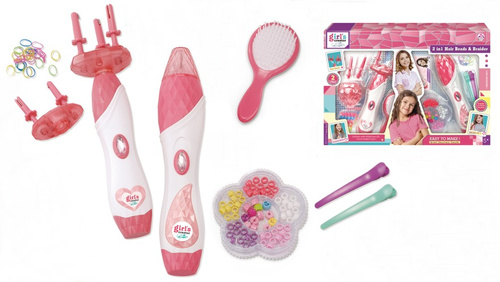 ZESTAW DO STYLIZACJI WŁOSÓW GIRLS CREATOR, pak 24/12,
duży zestaw. pudełko zawiera dwa urządzenia do pielęgnacji włosów, koraliki, spinki, szczotkę, wymienne końcówki i gumki,
zxestaw wymaga baterii 2*AA (nie są zawarte w zestawie),
wymiary pudełka: 30