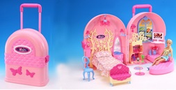 DOMEK DLA LALEK Z SALONEM WALIZKA RÓŻOWA KARTON /12
