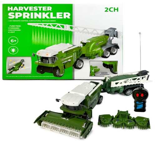 KOMBAJN ZE ZRASZACZEM ZDALNIE STEROWANY, pak 36/18,
ruchomy zraszacz, w zestawie kontroler
wymagane: 5 x AA baterie (nie są częścią zestawu),
wymiary kombajnu: 17 x 29 x 13 cm,
wymiary kombajnu ze zraszaczem: 10 x 46 x 13 cm
rozpiętość zraszacza: 82 c