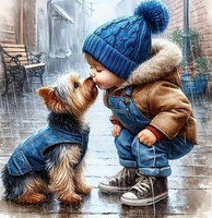 Diamentowa Mozaika Haft Chłopiec I Pies York Buziak W Deszczu 30x40 Cm