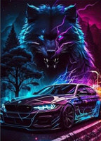 Diamentowa Mozaika Neonowe Auto Z Wilkiem 30X40 Cm Kreatywne Diamenty