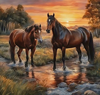 Diamentowa Mozaika Dwa Brunatne Konie W Strumieniu 30x40Cm Kreatywne